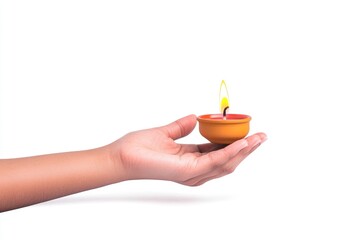 A hand holding a lit oil lamp, symbolizing light and celebration, against a plain white background