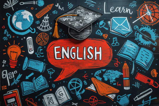 A chalkboard with a colorful illustration dedicated to learning English, featuring elements symbolizing education and skill development.