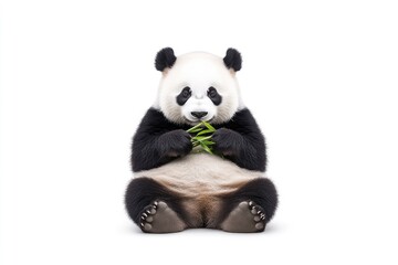 Adorable panda sitting and munching on bamboo, isolated on white background, showcasing wildlife beauty