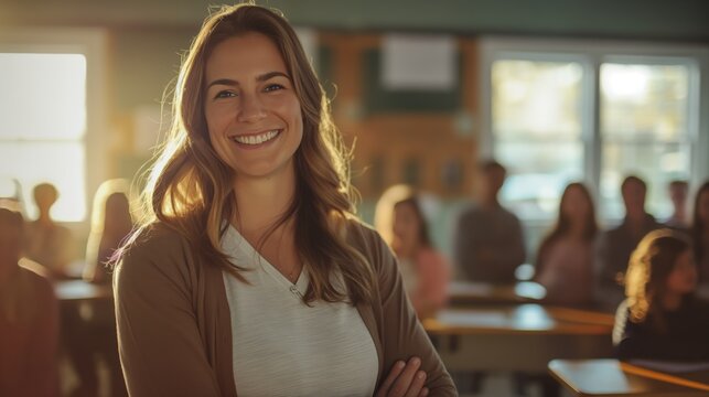 A female teacher stands confidently in her elementary classroom, smiling at her students who are engaged and attentive in the late afternoon sunlight streaming through the windows - Powered by Adobe