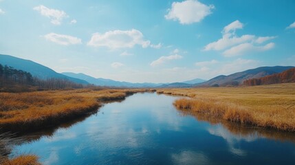 Obraz premium Scenic landscape of a river flowing through a meadow with mountains in the distance