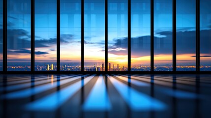 Fototapeta premium A sleek modern interior showcases large windows framing a stunning sunset over a city skyline, casting long shadows on the polished floor.