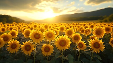 Fototapeta premium A background of golden sunflowers in full bloom under a bright sky.