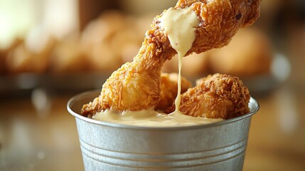 A crispy fried chicken piece being dipped into a creamy sauce in a metal bucket.