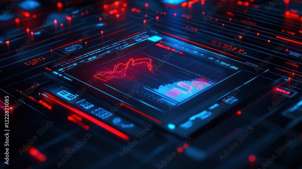 Poster a digital interface displaying financial data and trends in a futuristic design.