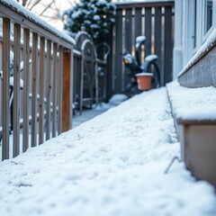 High-resolution stock photo A commercial-quality image of a light dusting of snow on a backyard stairway, showcasing a serene winter scene with natural light illuminating the scene.  