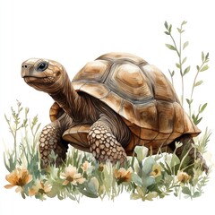 Naklejka premium A realistic illustration of a tortoise amidst vibrant foliage and wildflowers in a serene environment