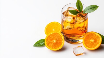 Whiskey served on ice with orange slice and leaves. Generative AI