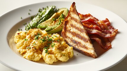 Naklejka premium Classic breakfast plate featuring scrambled eggs bacon avocado and toasted bread