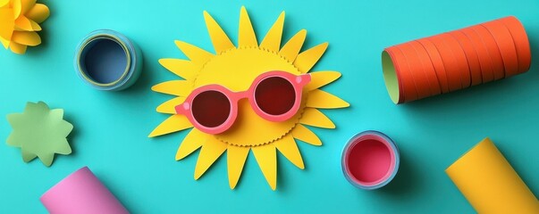 Colorful art supplies with sunglasses sun on turquoise background