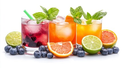 Refreshing fruit beverages with ice and citrus on a white background. Generative AI