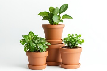 Fototapeta premium A Trio of Terracotta Pots with Vibrant Indoor Plants, Perfect for Home Decor