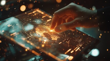 Close up of hand using notebook with creative glowing digital business screen interface, globe and charts on blurry background. Spy, hud and world concept. Double exposure illustration