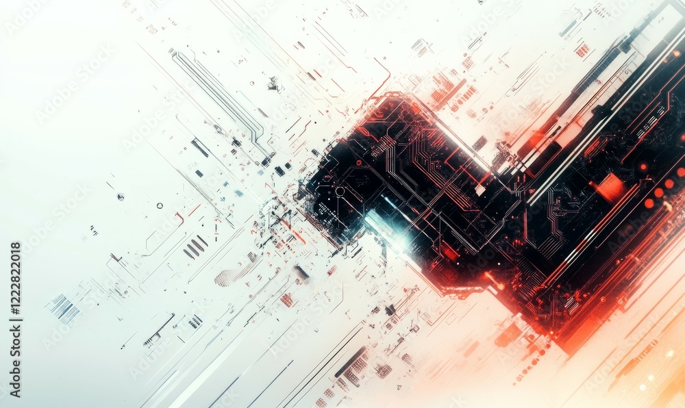 Poster isolated chip with layered circuits and connectors on white background