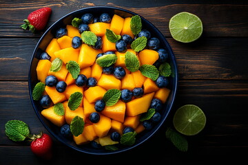 Fresh fruit salad with mango, blueberries, strawberries, and mint served in a dark bowl on a wooden table