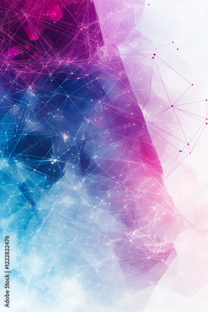 Poster Abstract network of colorful geometric shapes and connecting lines on a white background