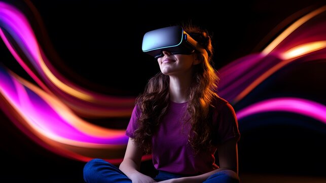 Woman enjoys VR headset, light trails background, immersive experience, tech