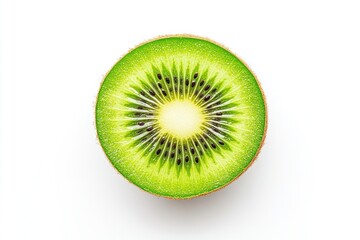 Freshly cut kiwi fruit showcasing vibrant green flesh and black seeds against a white background