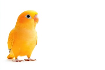Bright yellow bird standing on a white background, showcasing its vibrant feathers and playful demeanor