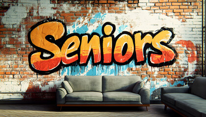 Stylish graffiti art on a brick wall featuring the word "Seniors," complemented by a grey couch, perfect for graduation, retirement, or youth culture themes.