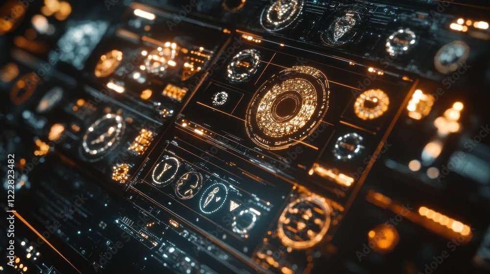 Aufkleber a futuristic control panel with glowing interfaces and intricate designs.
