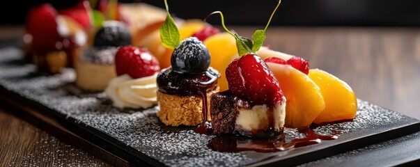 Assorted desserts with berries and peach slices on black platter