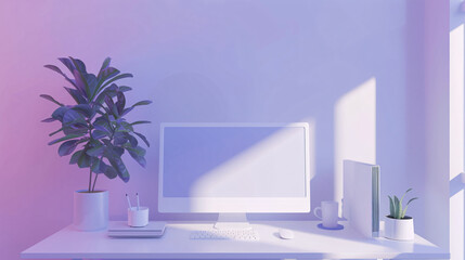 Minimalist Workspace with Sleek Desk, Potted Plant, and Cityscape View