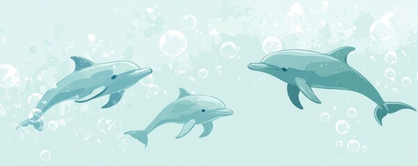Three stylized dolphins swimming amidst bubbles in a serene underwater scene.
