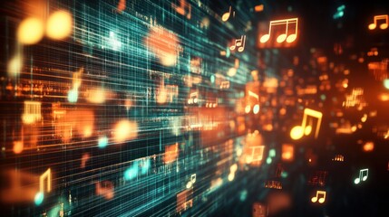 Obraz premium Abstract visualization of music notes and digital data streams.