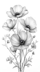 Fototapeta premium A background of hand-drawn flowers in simple black ink on a white base.