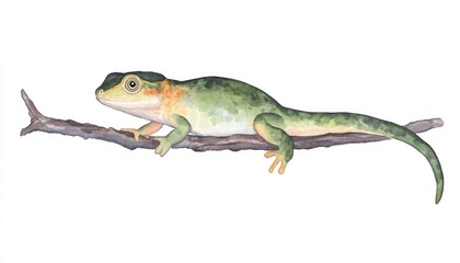 Naklejka premium A vibrant green lizard perched on a branch, showcasing its unique colors against a white background