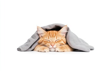 A cozy orange cat peacefully sleeping under a soft gray blanket, creating a serene and warm atmosphere