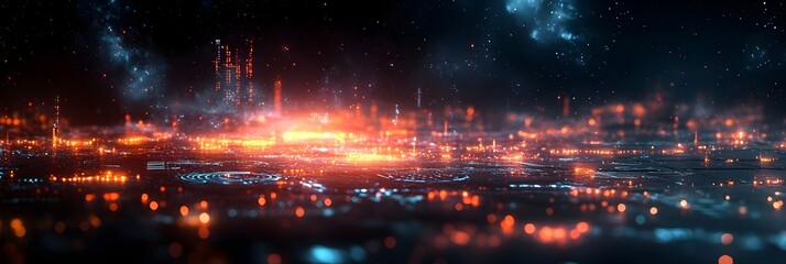 A background of holographic charts and graphs fading into deep space.