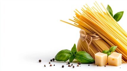 Raw pasta curls and basil leaves close-up. Generative AI