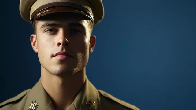 Portrait of a young soldier in uniform with a serious expression