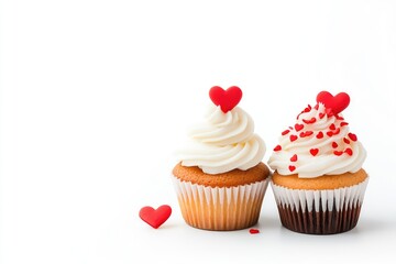 Two beautifully decorated cupcakes with heart-shaped toppings on a clean white background, ideal for celebrations