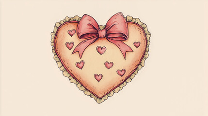 Hand-drawn vintage heart-shaped cake adorned with bows and ribbons