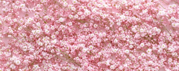 Abundant pink baby's breath flowers in blooming spring garden