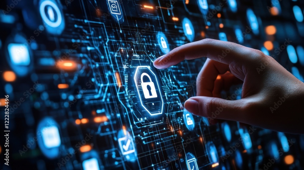 Poster digital hand interacting with cybersecurity network system