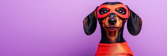 Fototapeta premium A dog dressed as a superhero with a red mask and cape against a purple background.