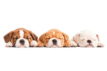 Three adorable sleeping puppies of different colors resting peacefully on a white background