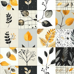 A collage of botanical illustrations featuring various leaves in warm tones.