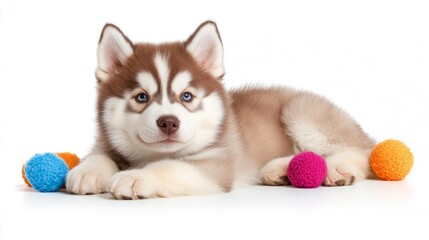 Obraz premium Fluffy Siberian Husky Puppy with Colorful Balls. Generative AI