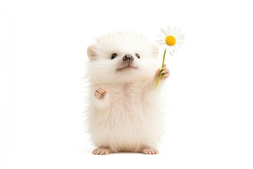 Adorable hedgehog holding a daisy flower, showcasing cuteness in a bright, minimalistic setting