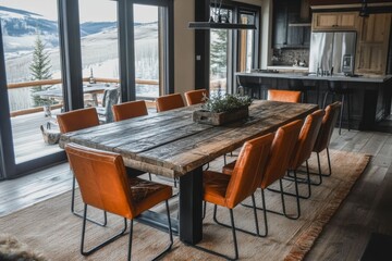 Fototapeta premium Rustic Dining Room with Modern Touches and Scenic Mountain View