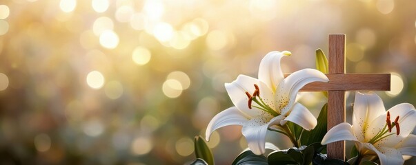 Beautiful white lilies with wooden cross against bokeh light background