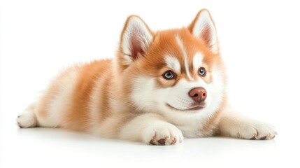 Close up of a Siberian Husky puppy relaxing on a white background. Generative AI