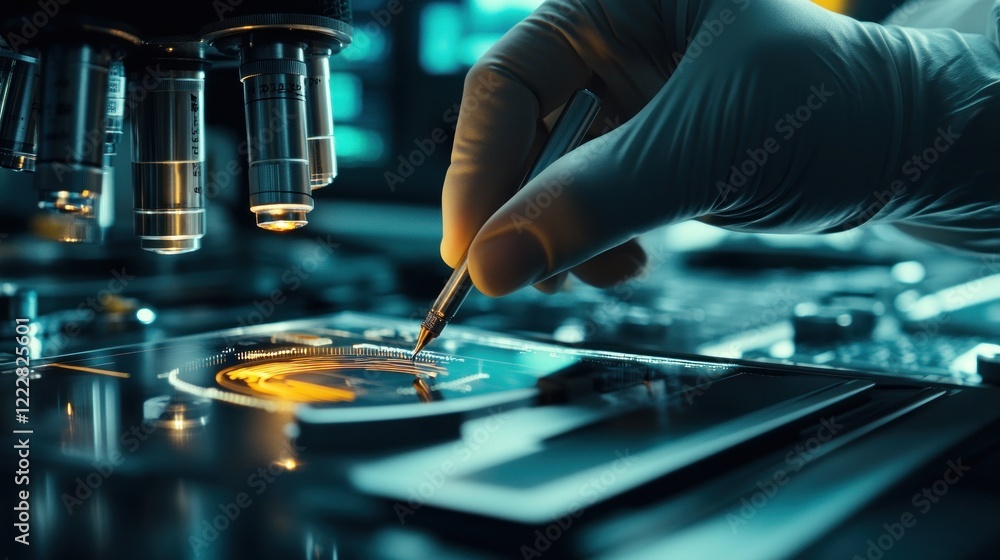 Poster gloved hand using a tool on a microscopic sample