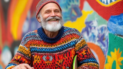 Obraz premium A joyful elderly man in a colorful sweater smiles against a vibrant mural backdrop.