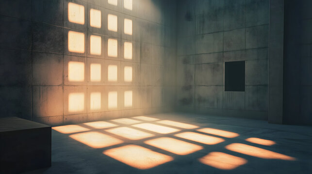 Sharp Light Creates Patterns in a Concrete Room at Midday